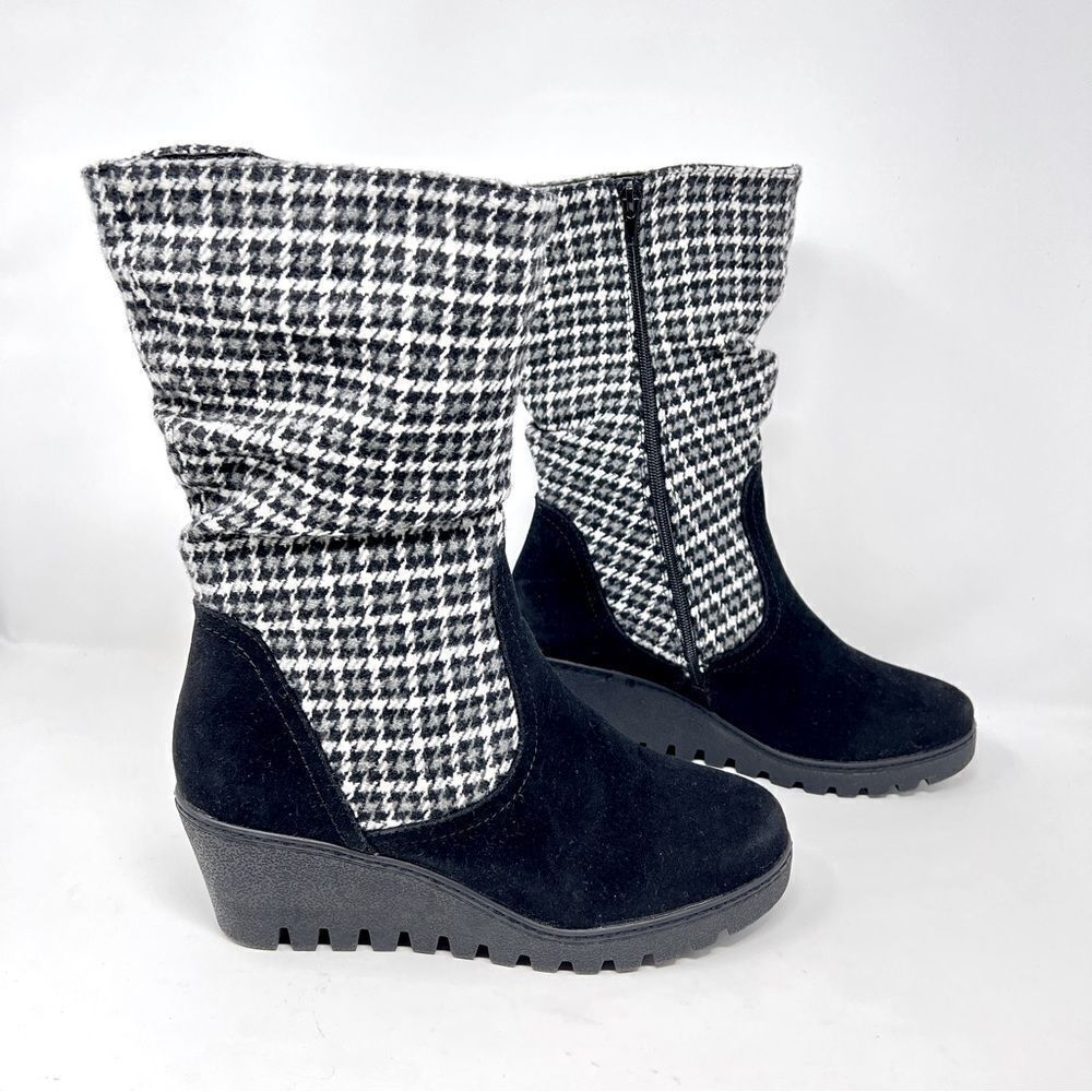 MUK LUKS Vermont Stowe Black White Houndstooth Mid Calf Slouch Wedge Boots 9.5